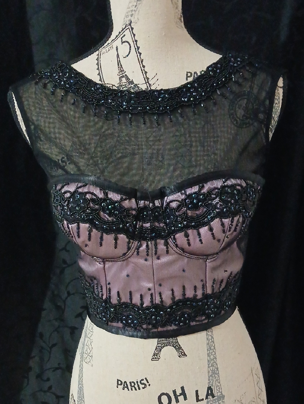 XOXO Black Beaded Mesh and Mauve Bustier Crop Top